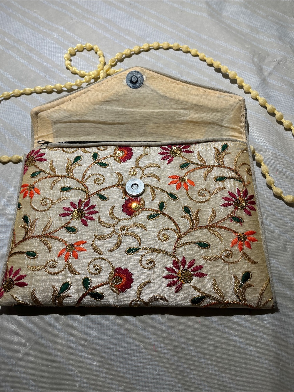 Cream Embroidered Floral Crossbody Clutch